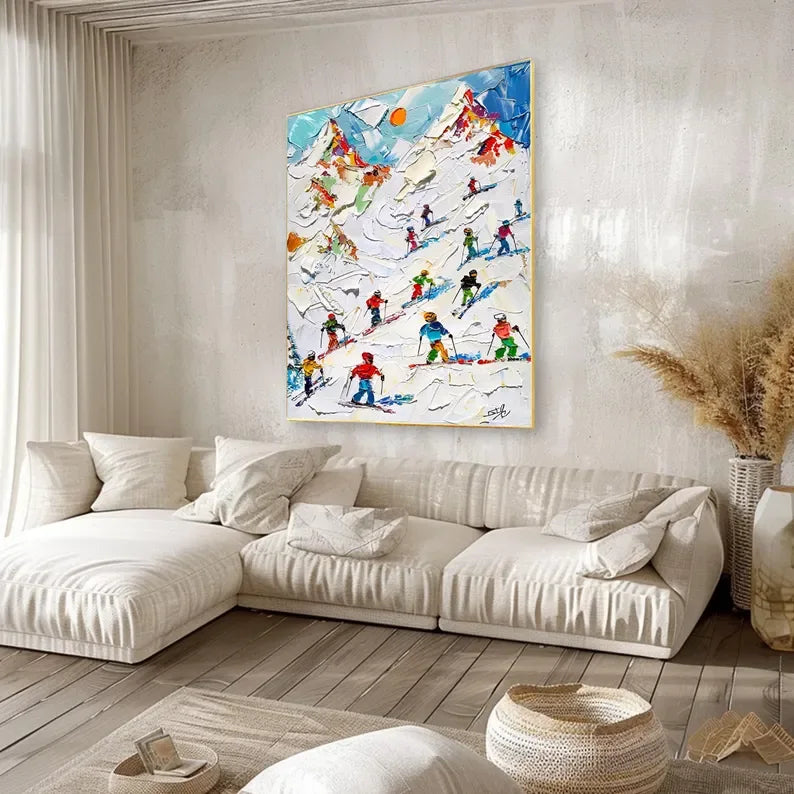 Skiers on Snow-3D Skiing Sport Art Plaster Style Textured Wall Art