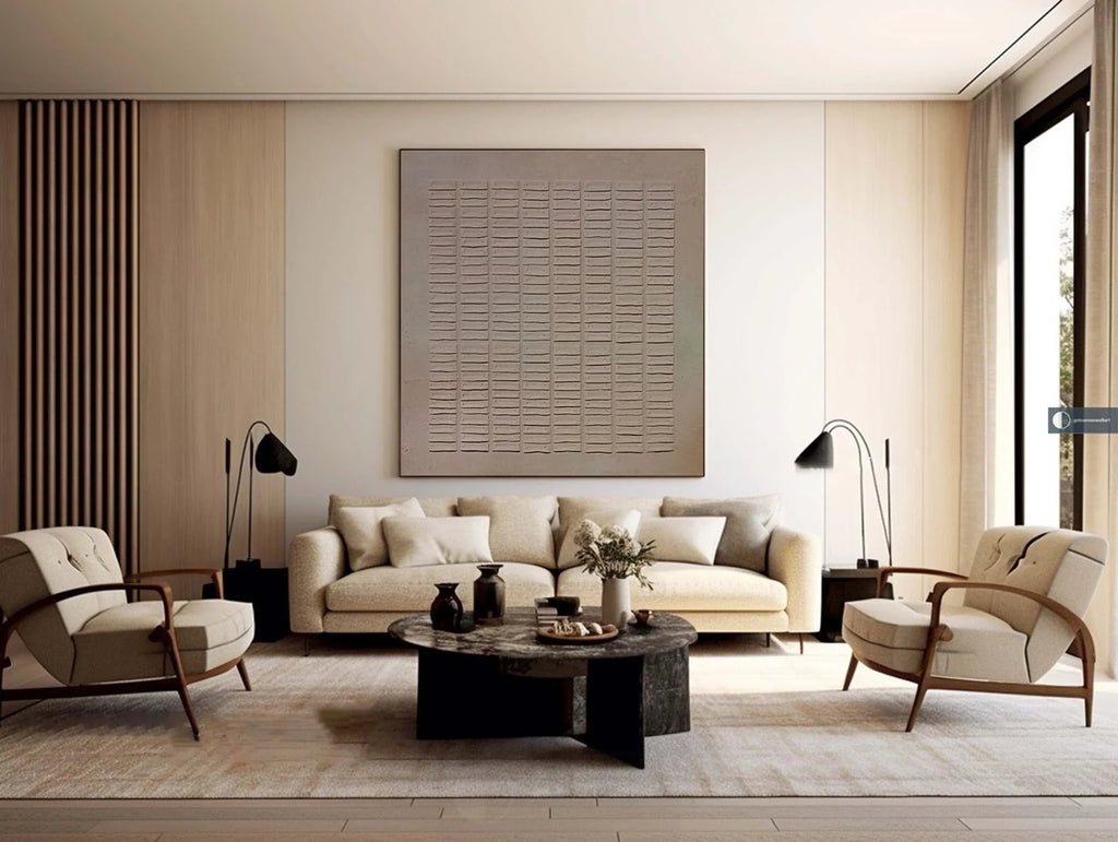 Earthy Grid Textured Canvas-Modern Minimalist Vertical Stripes Geometric Abstract Wall Art