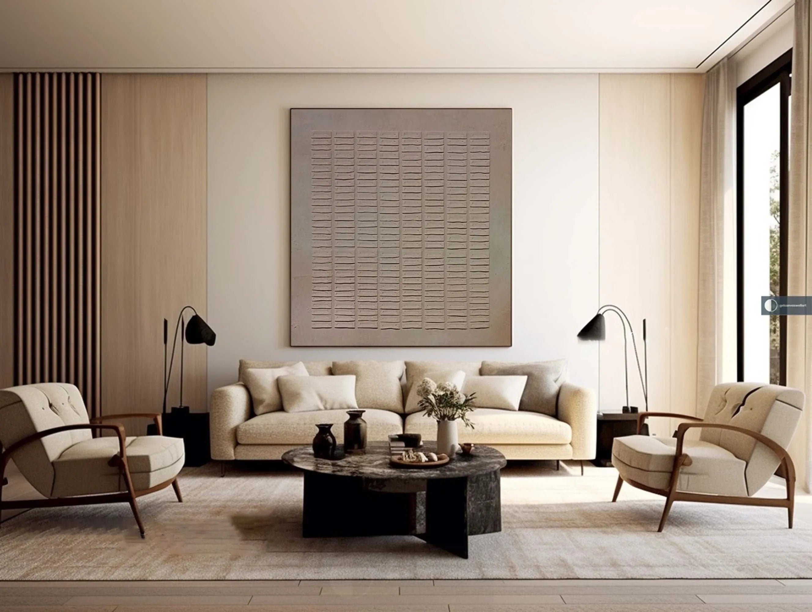 Earthy Grid Textured Canvas-Modern Minimalist Vertical Stripes Geometric Abstract Wall Art