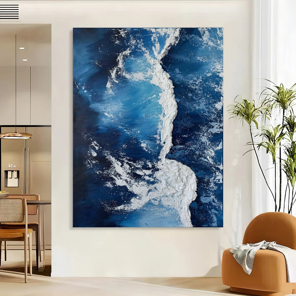 Azure Cascade Symphony-Deep Blue Stereoscopic Wave Abstract Wall Art