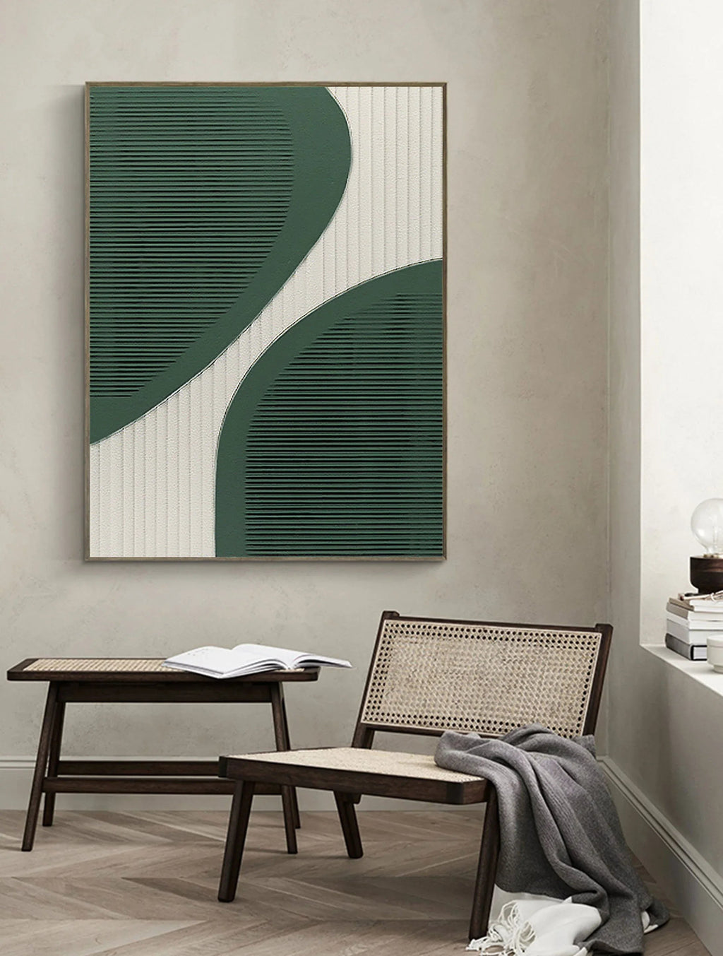 Curved Harmony-Modern Minimalist Green and White Curved Geometric Abstract Wall Art