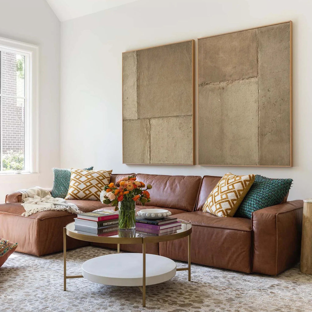Rustic Harmony-Modern Hand Painted Geometric Light Brown Diptych Abstract Wall Art