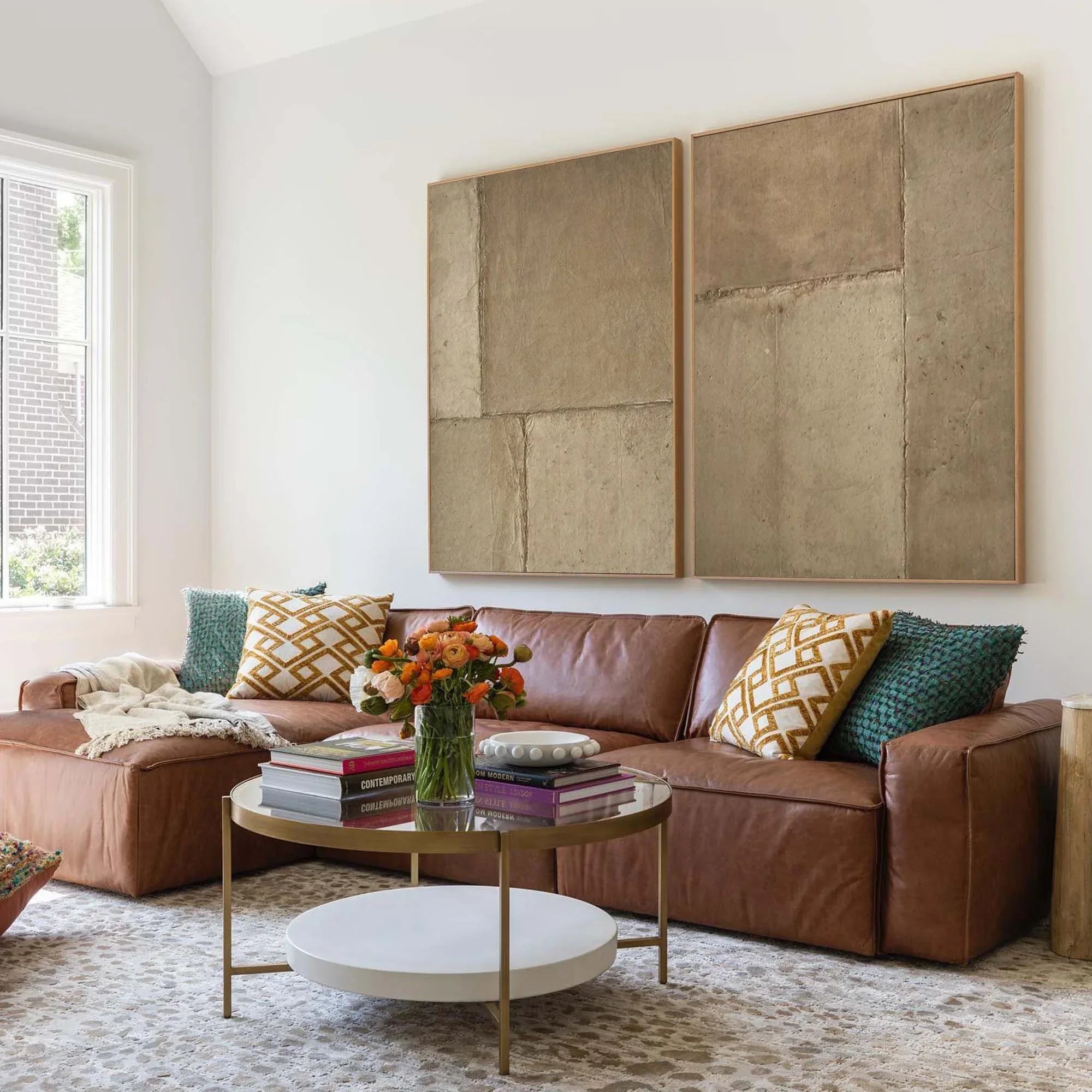 Rustic Harmony-Modern Hand Painted Geometric Light Brown Diptych Abstract Wall Art