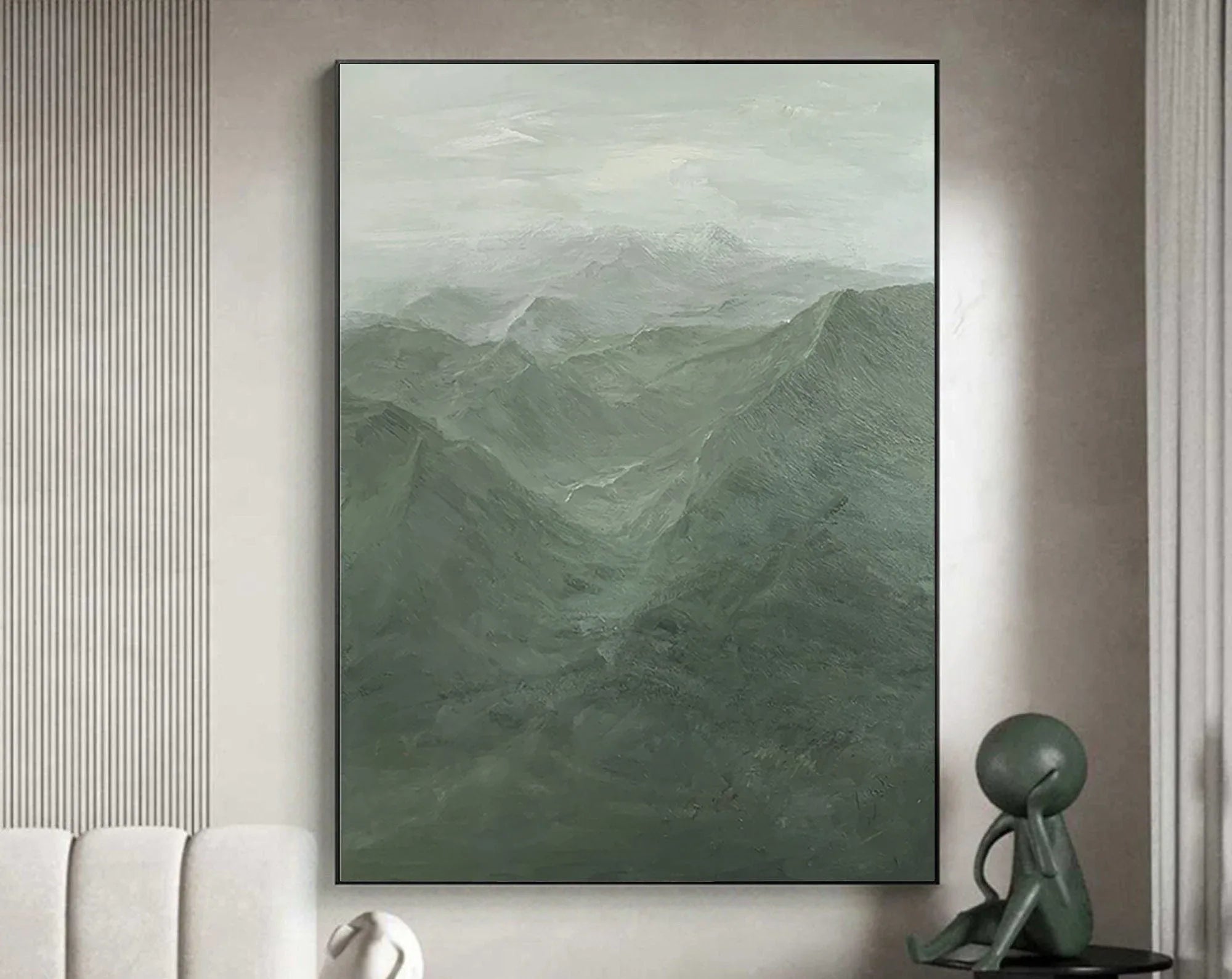 Misty Green Mountain Abstract Oil Painting - Tranquil Wall Art