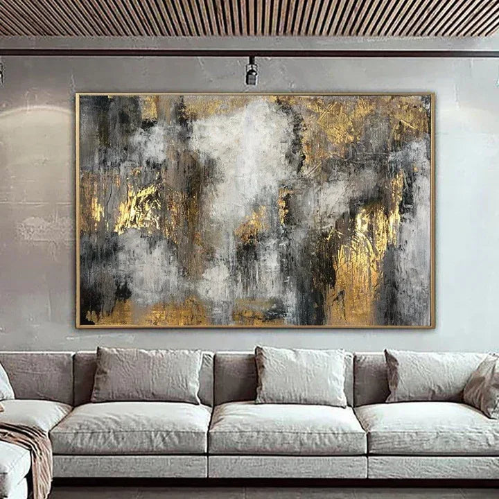 Ethereal Abstract-Hand-Painted Abstract Gray and Gold Texture Dance Wall Art