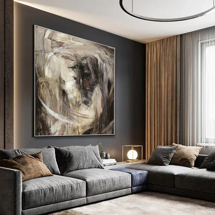 Confrontation-Hand-Painted Abstract Oil Painting Featuring a Spiritual Duel Between Two Horses, Showcasing Wall Art