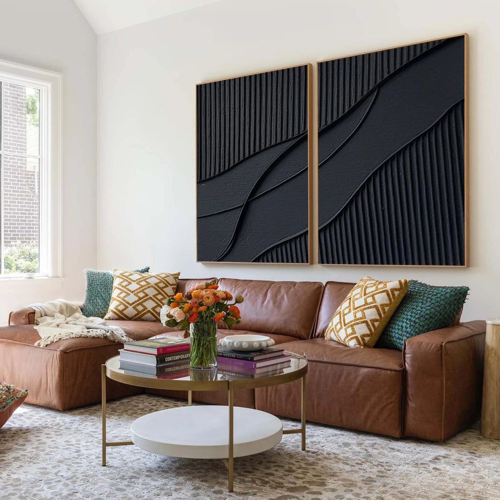Shadow Waves Abstract Painting SET OF 2-Modern Minimalist Black Textured Abstract Wall Art