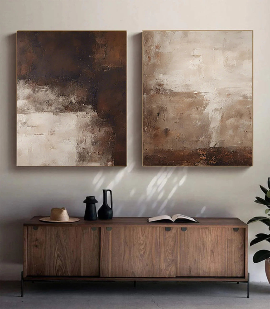 Earthy Elegance Abstract Diptych Set Of 2 - Double-Sided Vertical Banner Abstract Texture Wall Art in Earthy Colors