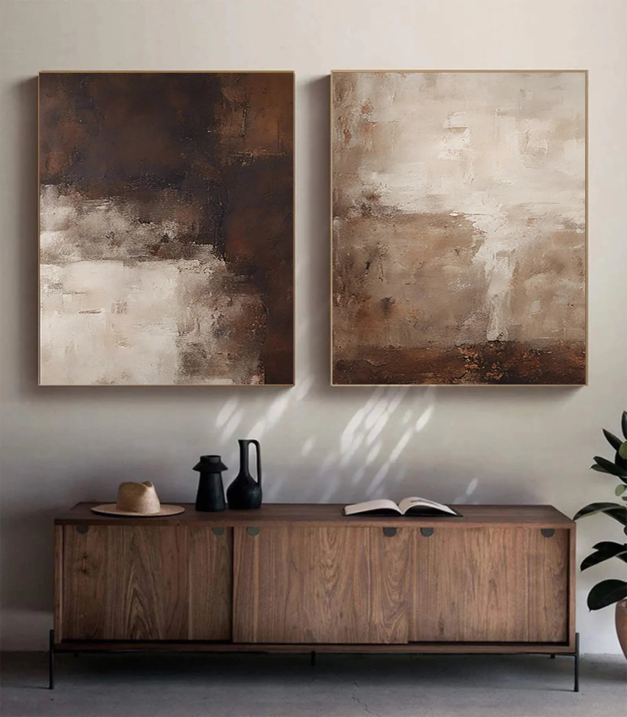 Earthy Elegance Abstract Diptych Set Of 2 - Double-Sided Vertical Banner Abstract Texture Wall Art in Earthy Colors