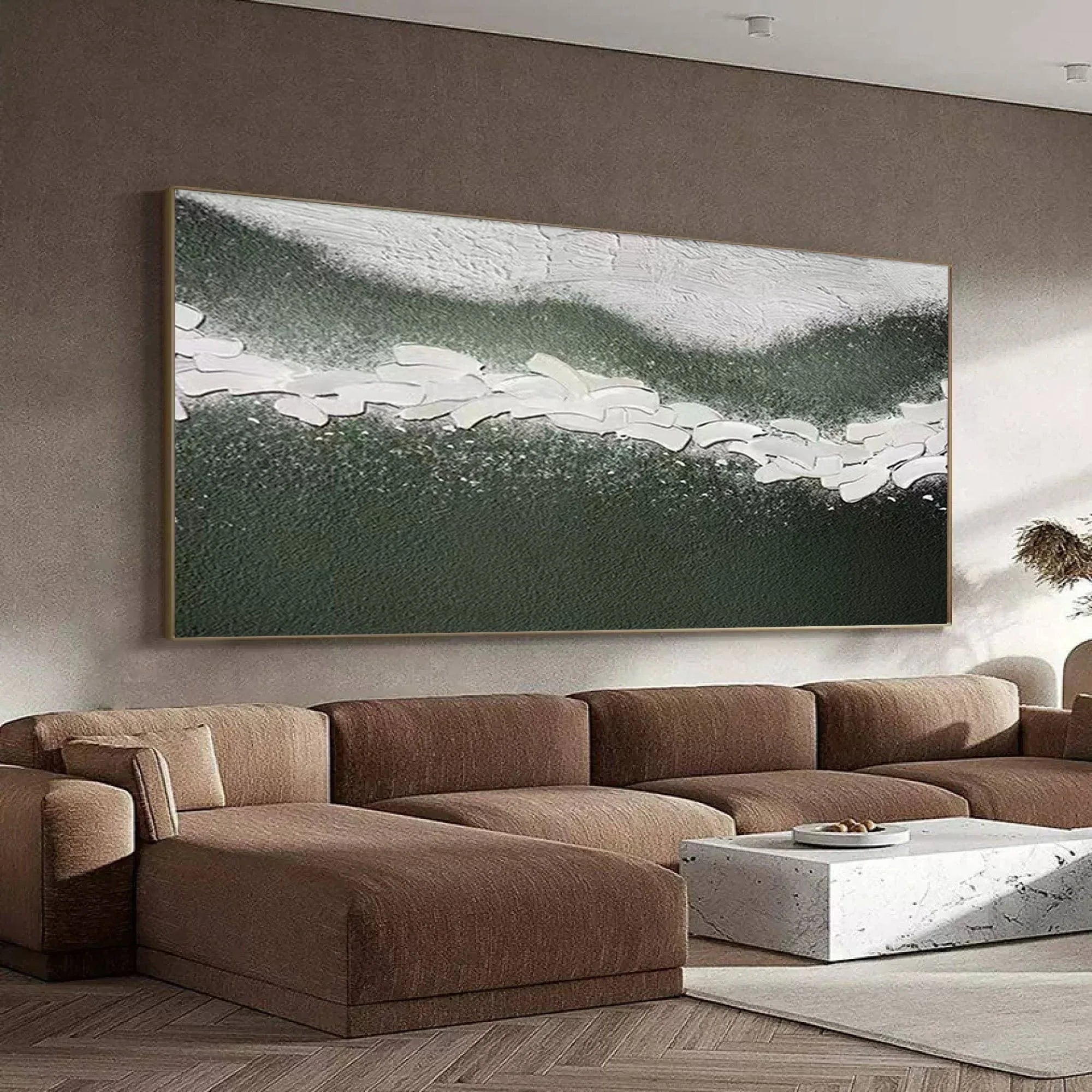 Path of Serenity-Hand Drawn Flowing Green and White Outline Abstract Texture Wall Art