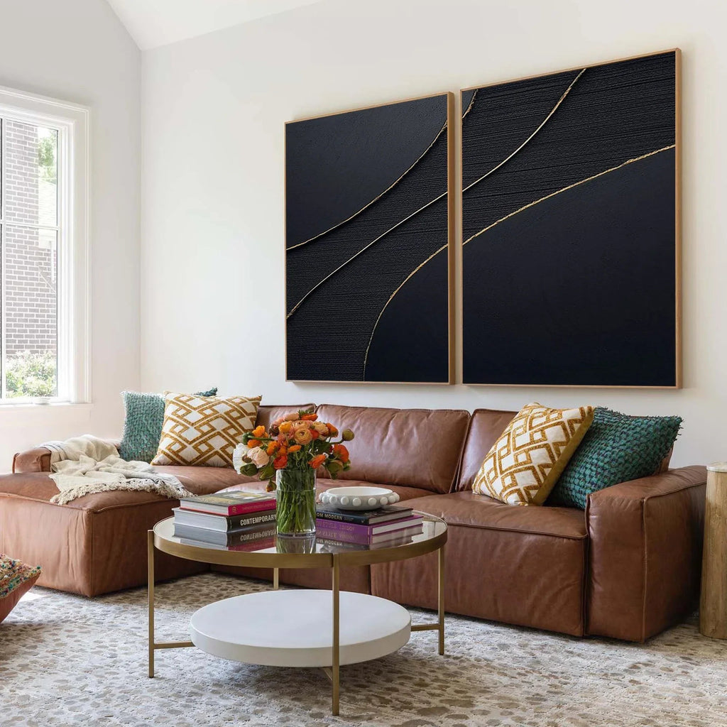 Midnight Elegance SET OF 2-Minimalist Abstract Geometric Texture Wall Art in Modern Interior Decoration