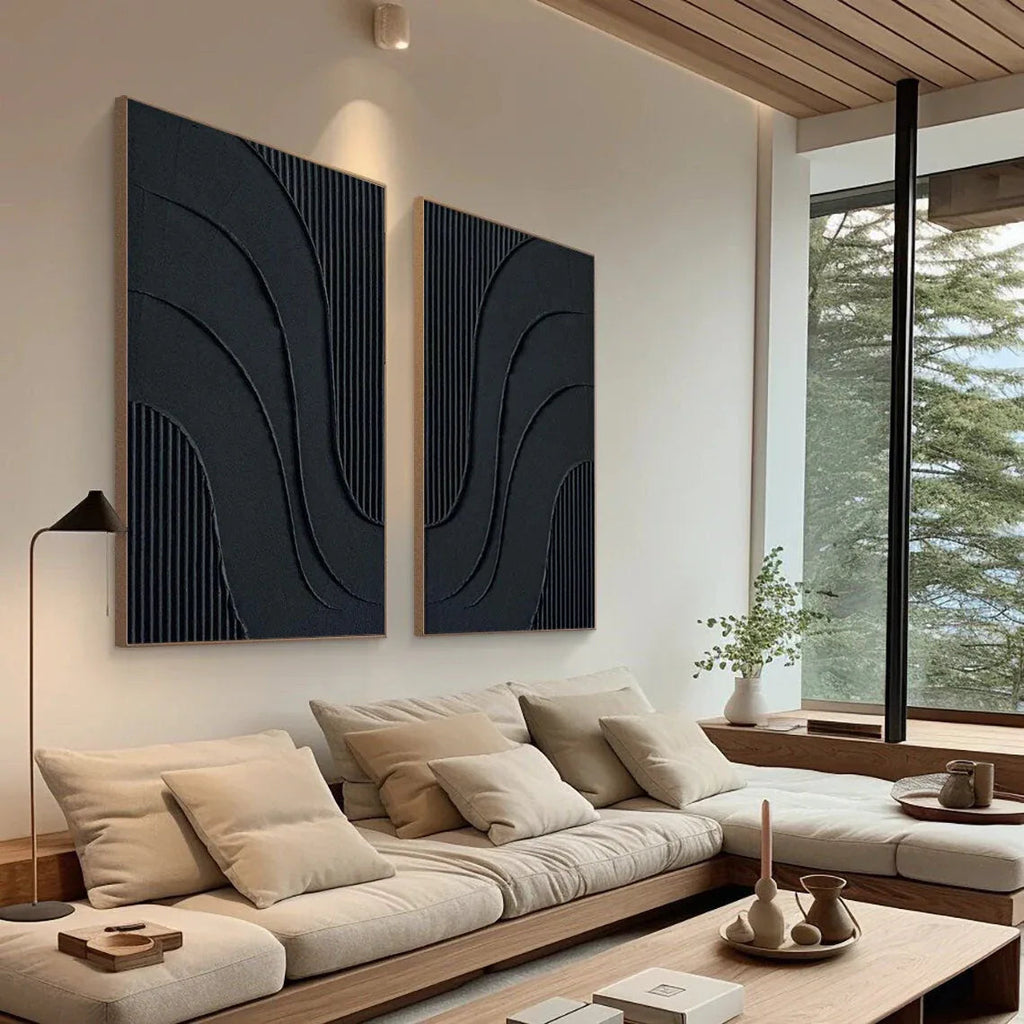 Midnight Flow- Abstract Black Textured Canvas Duo Set of 2
