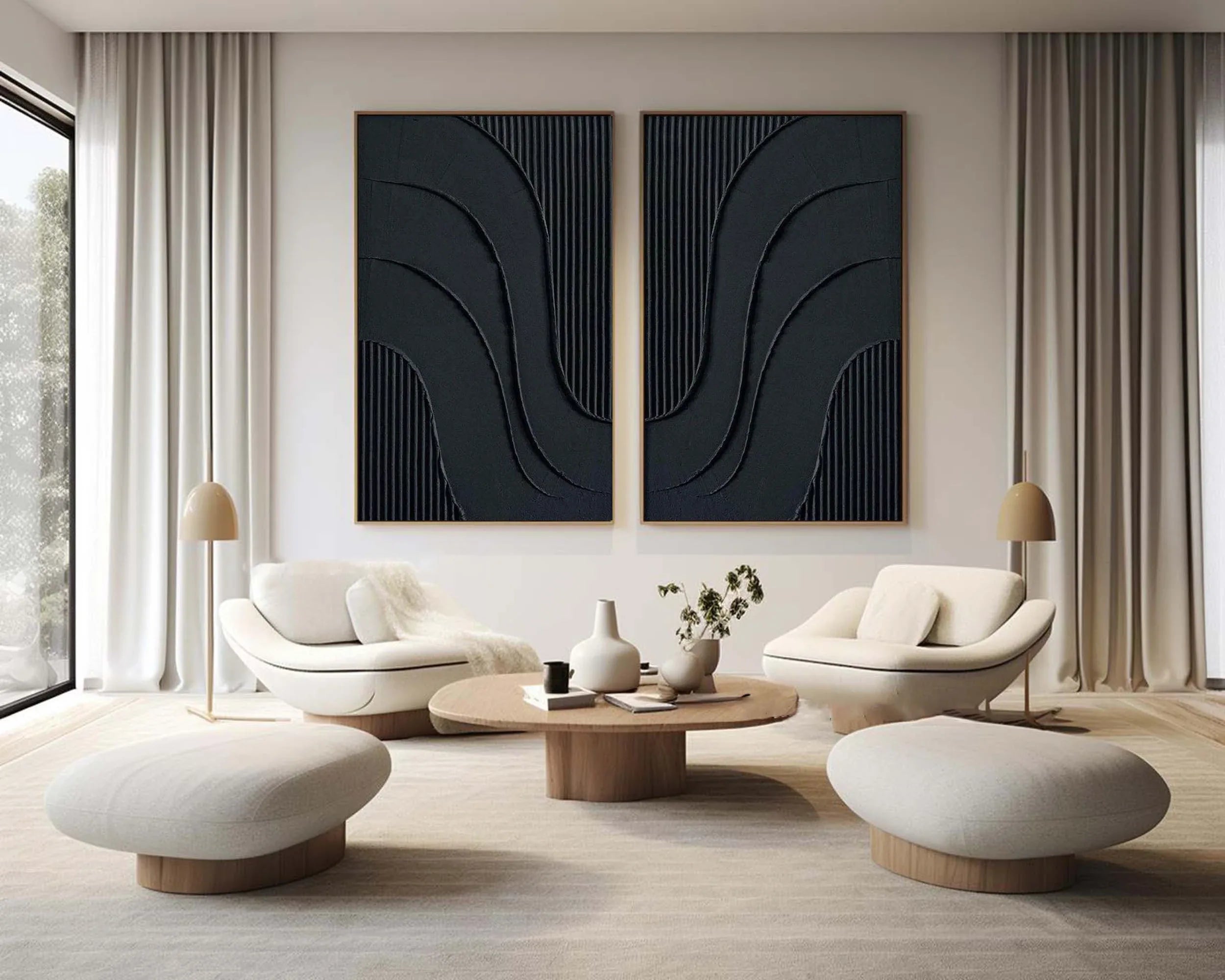 Midnight Flow- Abstract Black Textured Canvas Duo Set of 2