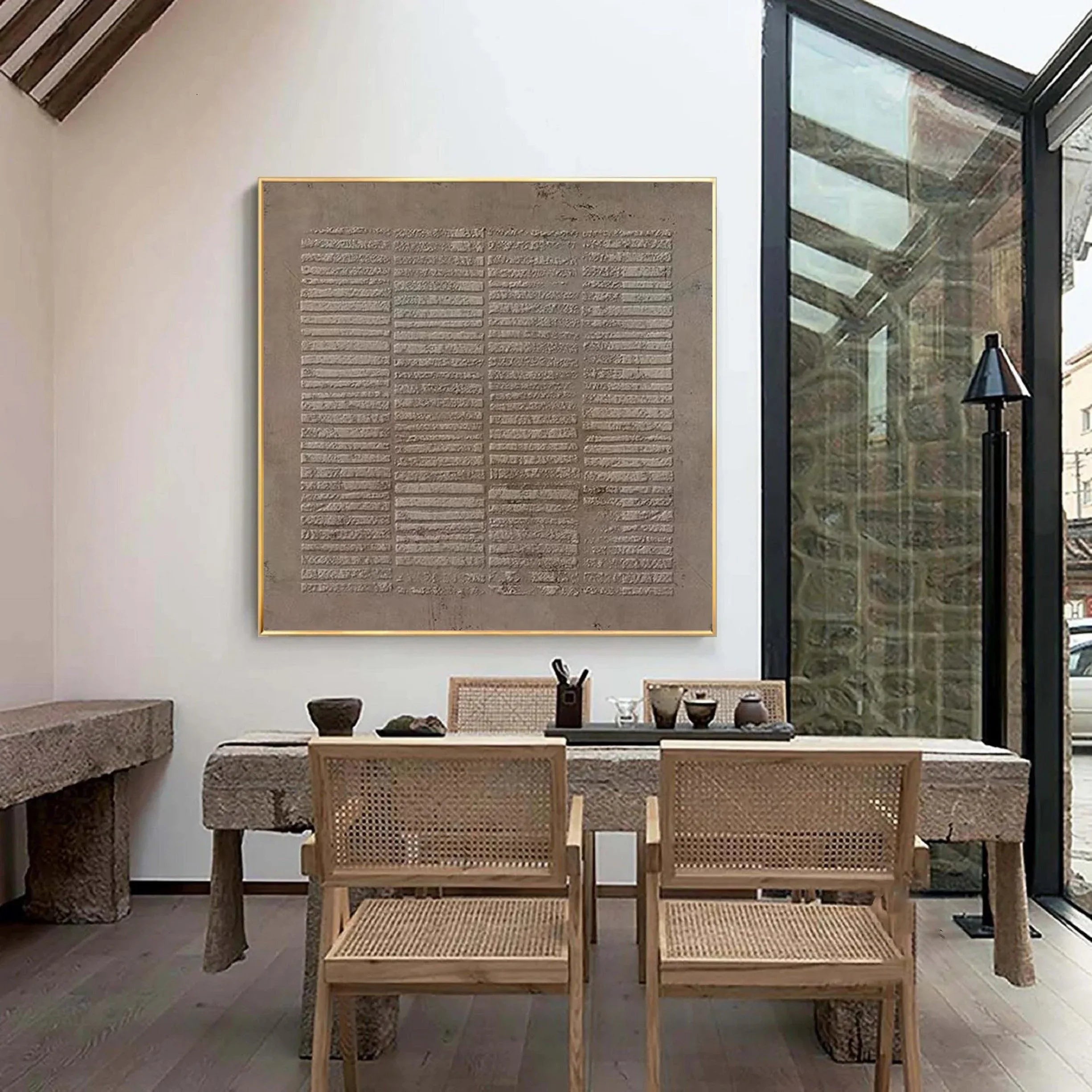 Serene Textures-Hand Drawn Light Brown Geometric Vertical Stripe Wall Art#WB11002