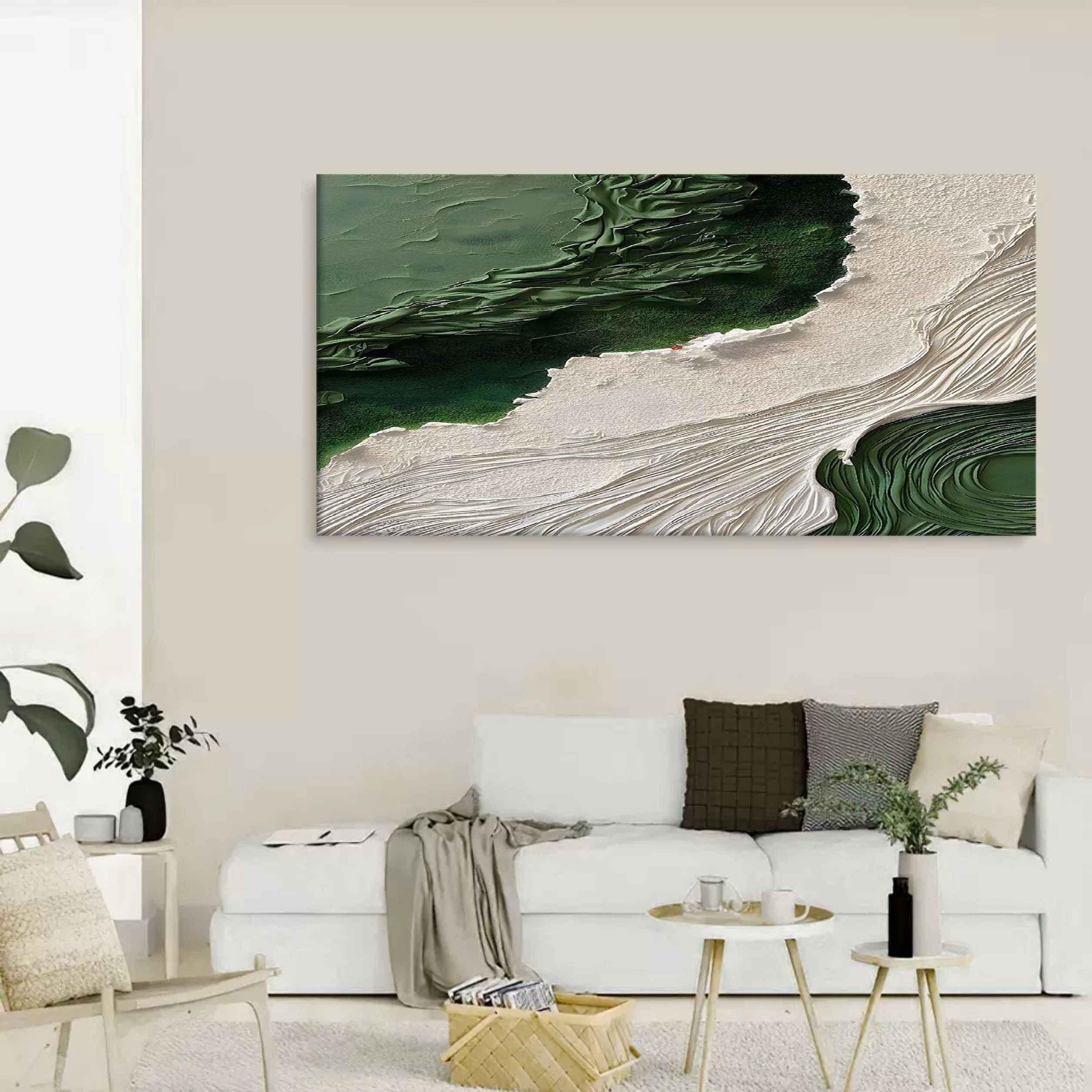 Emerald Shoreline Canvas Art-Hand Drawn Natural Texture Minimalist Abstract Wall Art