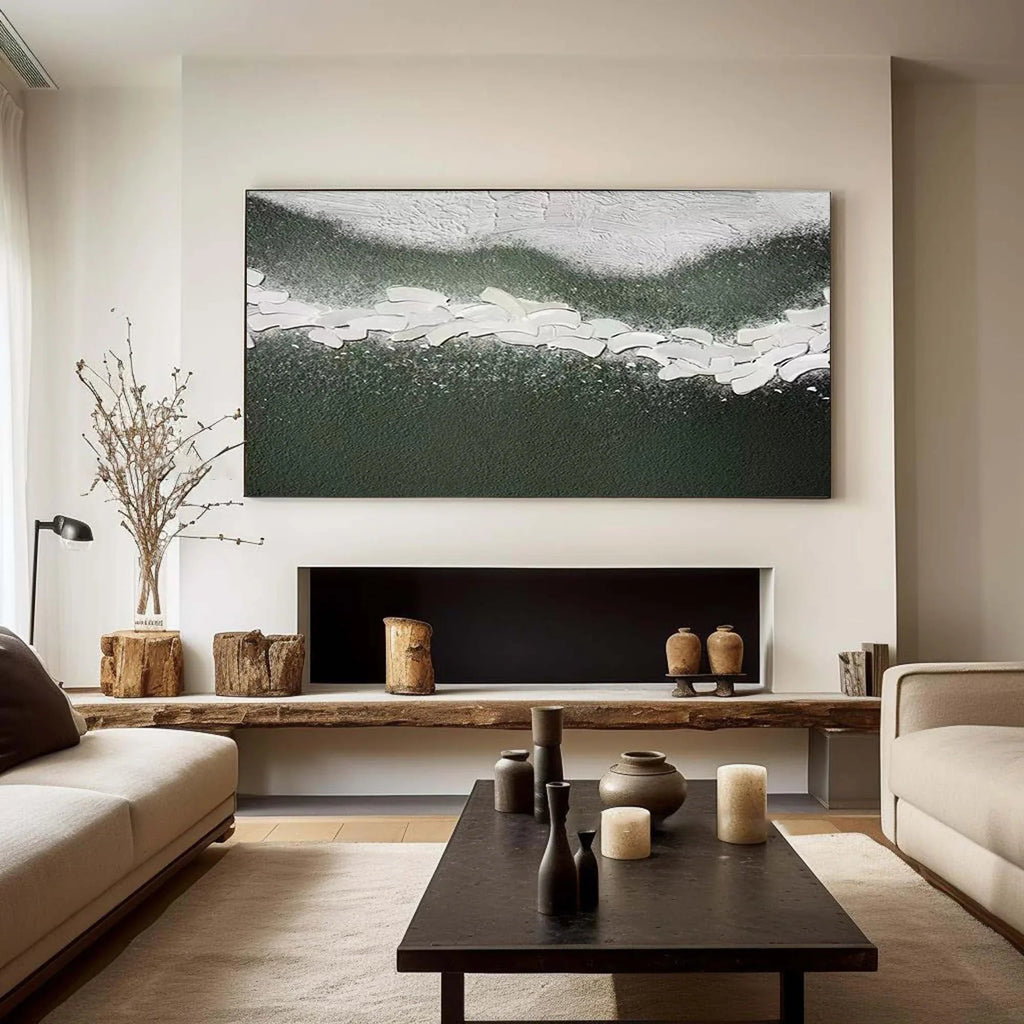Path of Serenity-Hand Drawn Flowing Green and White Outline Abstract Texture Wall Art