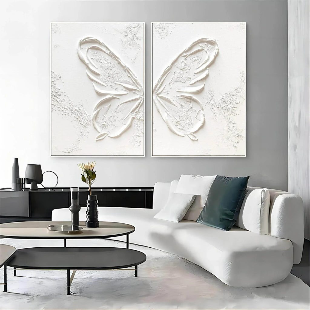 Ethereal Butterfly Diptych Set Of 2-Symmetrical Pure White Three-Dimensional Butterfly Minimalist Abstract Wall Art
