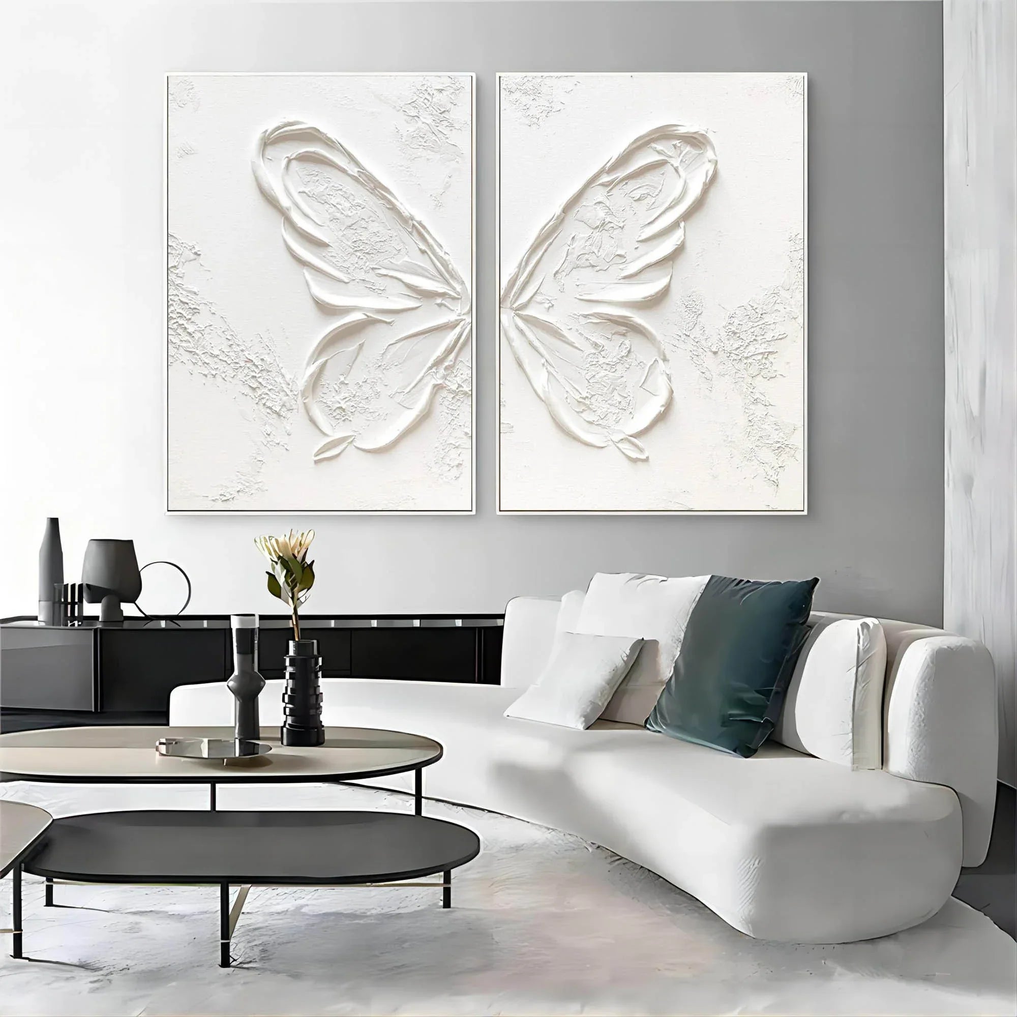Ethereal Butterfly Diptych Set Of 2-Symmetrical Pure White Three-Dimensional Butterfly Minimalist Abstract Wall Art