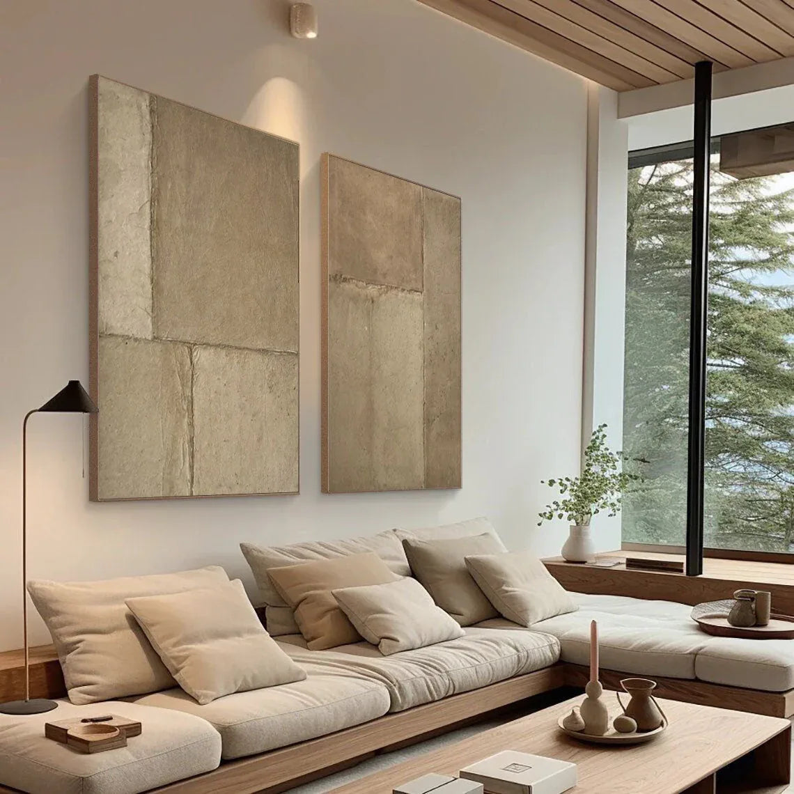 Rustic Harmony-Modern Hand Painted Geometric Light Brown Diptych Abstract Wall Art