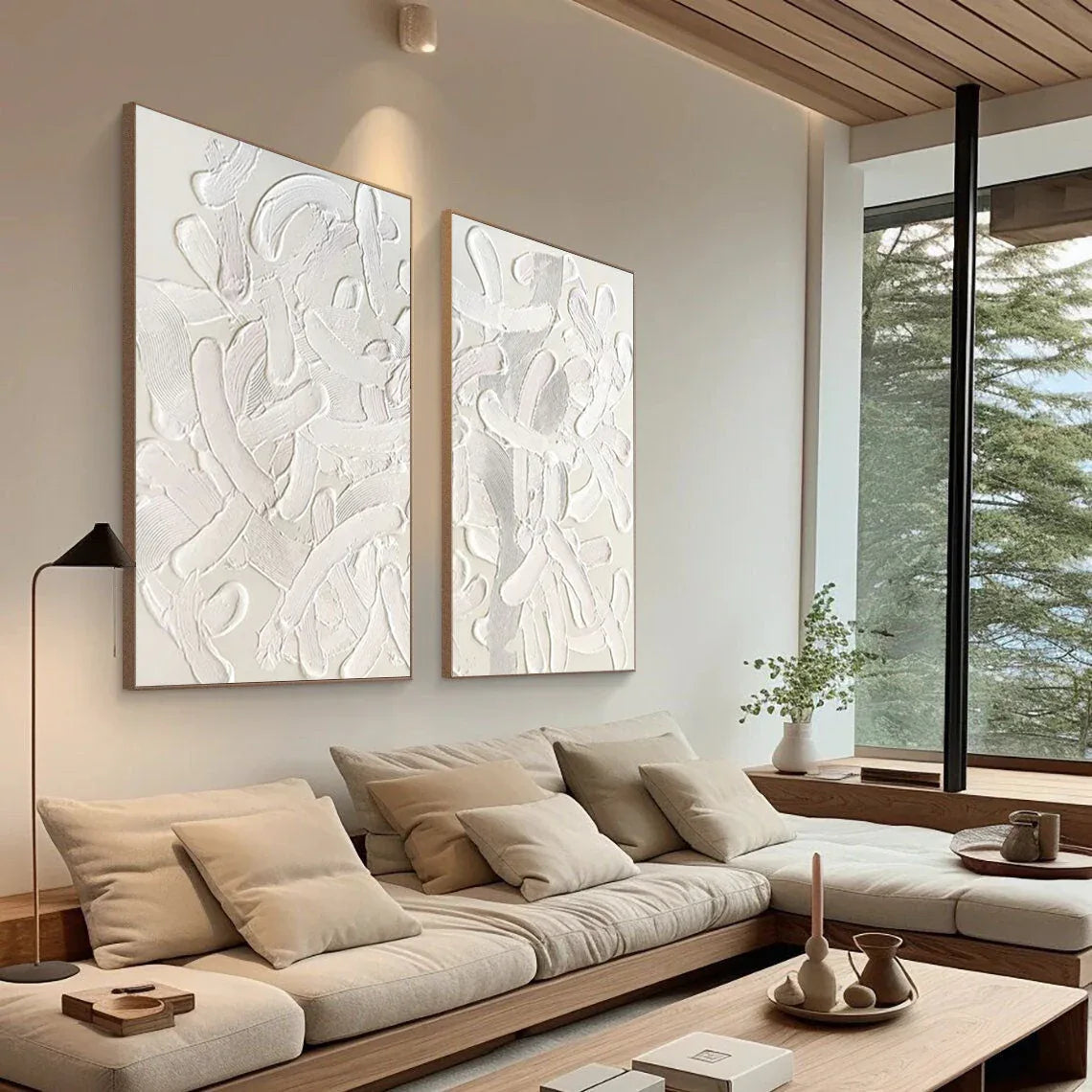 Abstract Tranquility Painting SET OF 2 -Hand-Painted White Tone Thickly Applied Texture Wabi-Sabi Style Wall Art