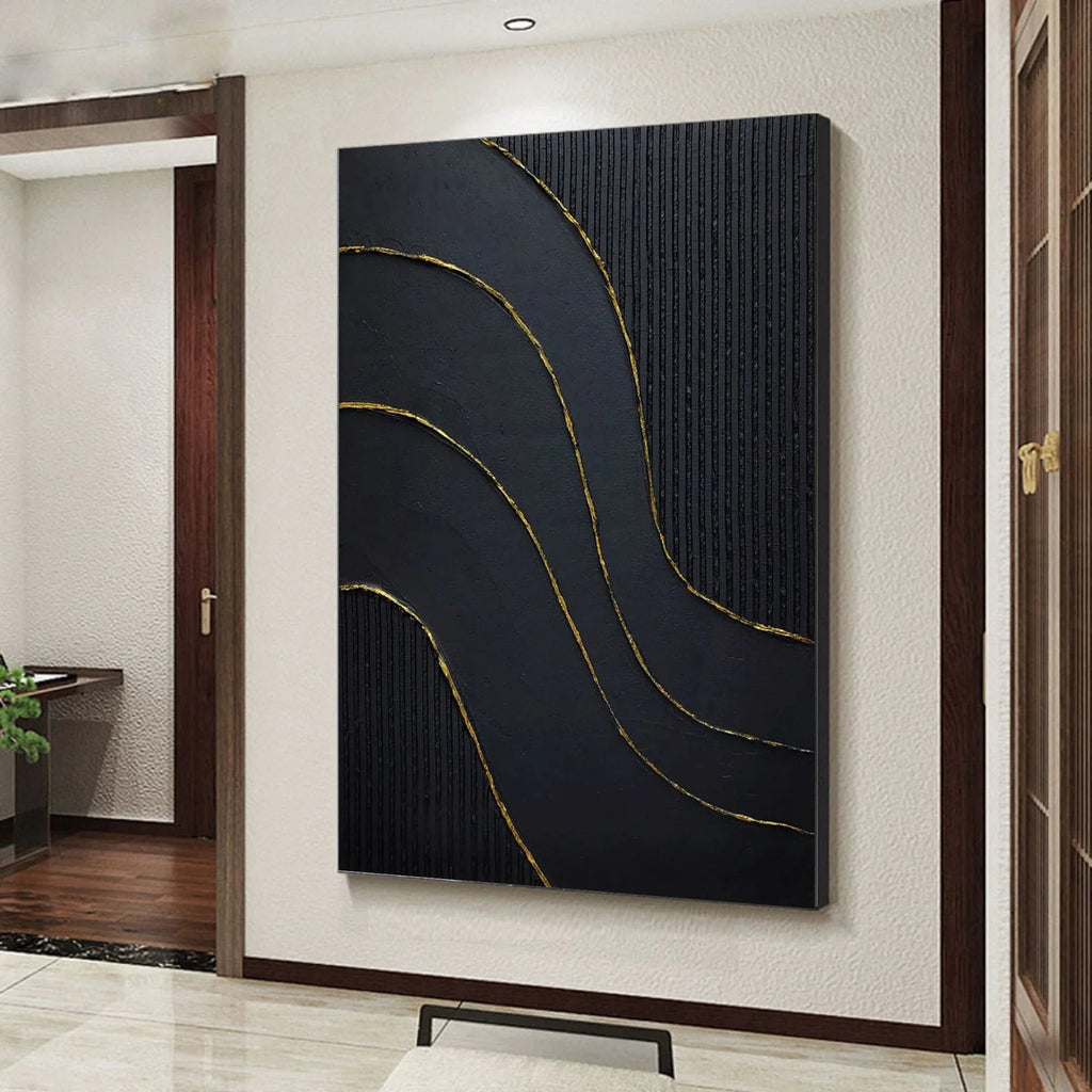 Golden Flow-Modern Minimalist Black and Gold Curved Texture Abstract Wall Art