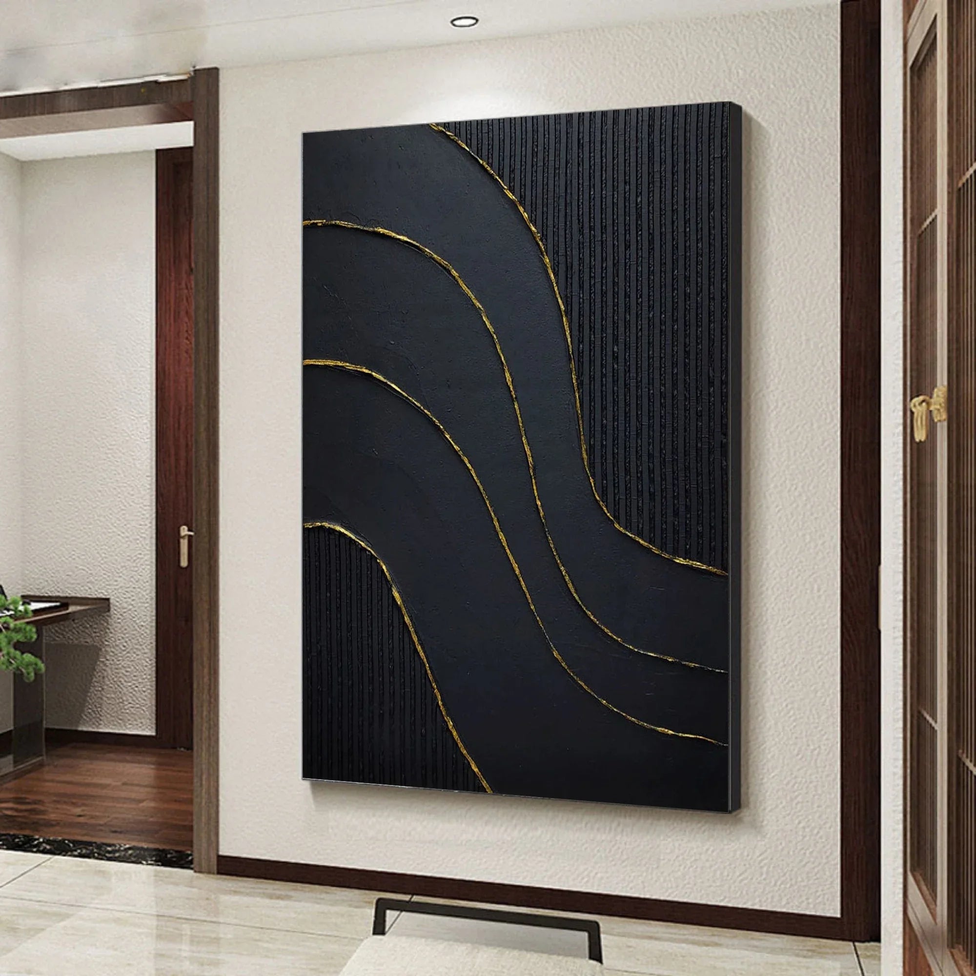 Golden Flow-Modern Minimalist Black and Gold Curved Texture Abstract Wall Art