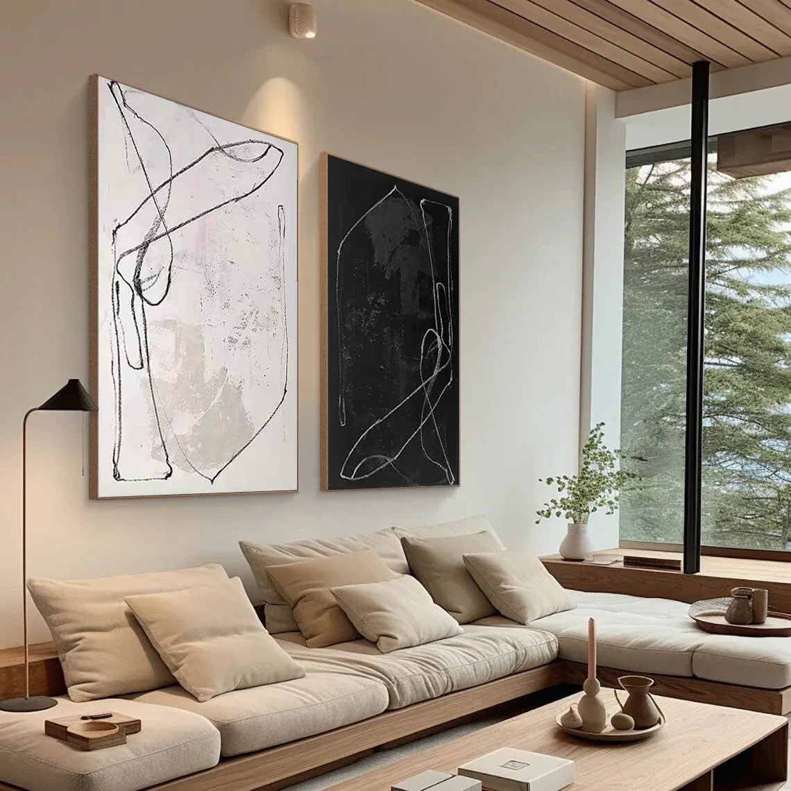 Monochrome Rhythm-Abstract Line Canvas Duo  SET OF 2