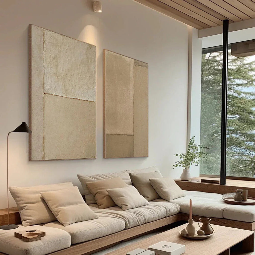 Earthy Simplicity-Brown Geometric Abstract Double Canvas Wall Art for Minimalist Decoration