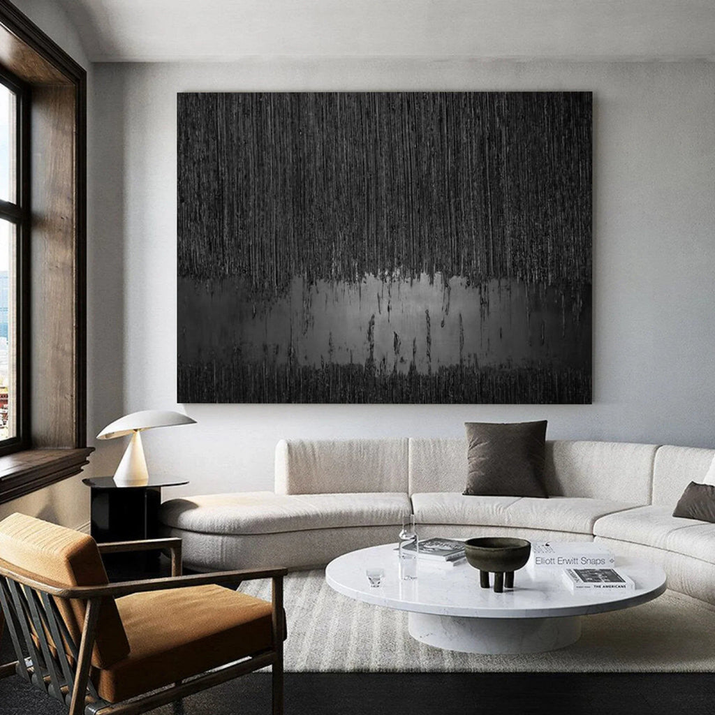 Obsidian Silence-Hand Drawn Black Gray Dangling Texture Abstract Oil Painting Wall Art