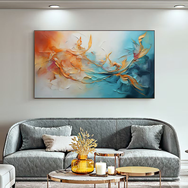 Dancing Currents – Textured Orange and Teal Abstract Wall Art#AB14049