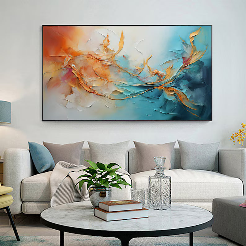 Dancing Currents – Textured Orange and Teal Abstract Wall Art#AB14049