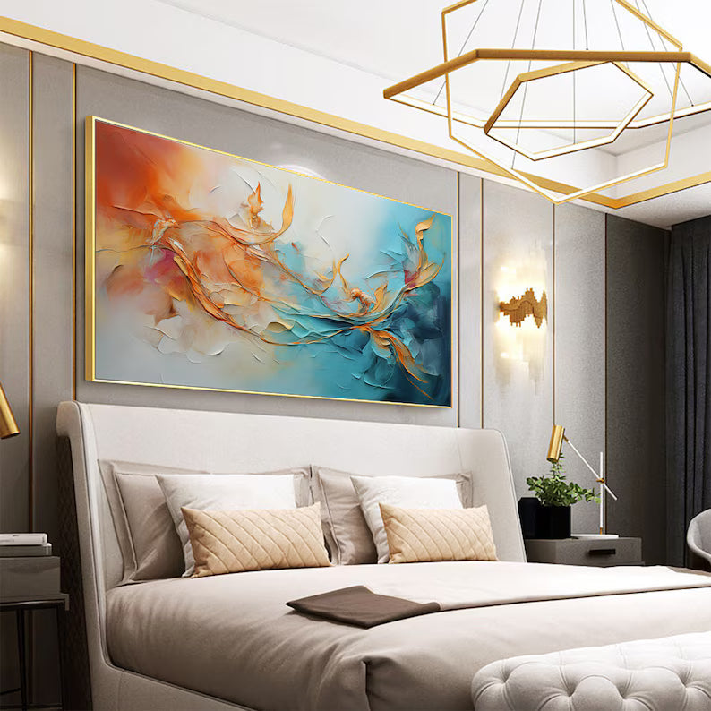 Dancing Currents – Textured Orange and Teal Abstract Wall Art#AB14049
