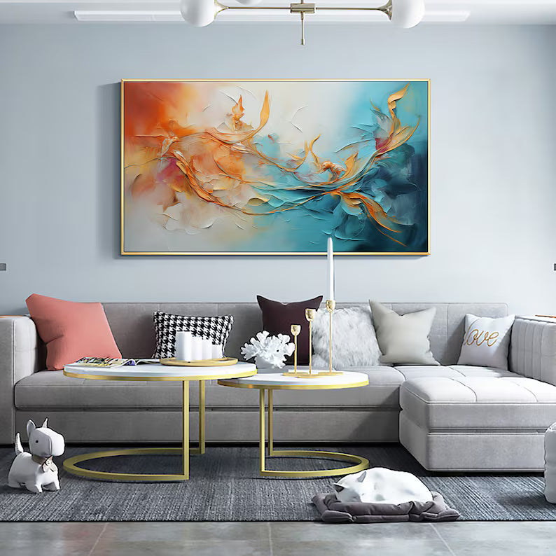 Dancing Currents – Textured Orange and Teal Abstract Wall Art#AB14049