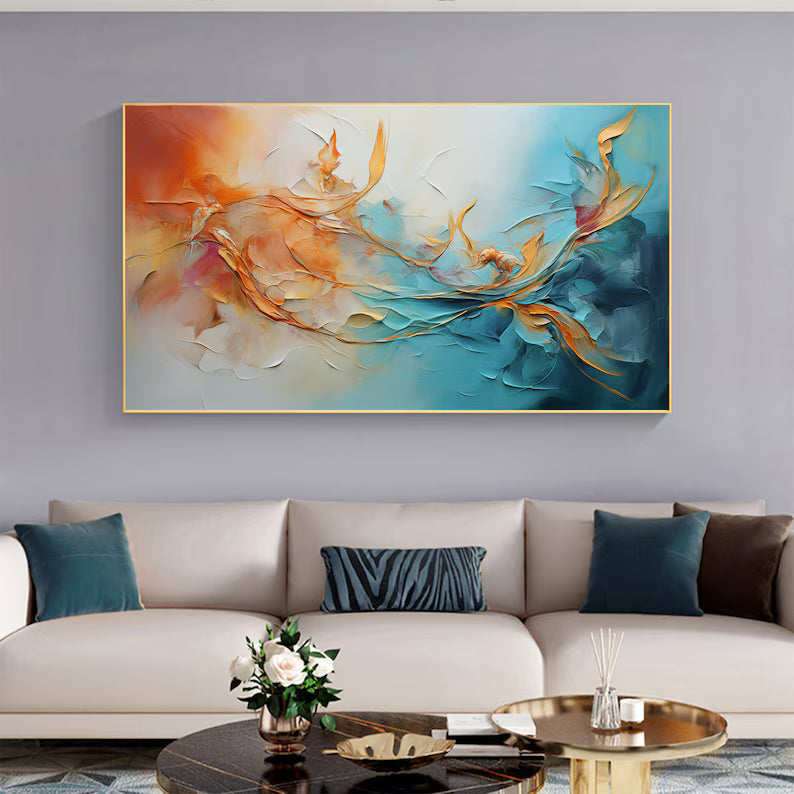 Dancing Currents – Textured Orange and Teal Abstract Wall Art#AB14049
