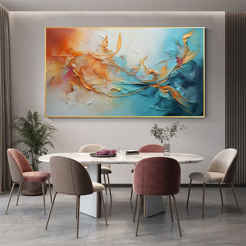 Dancing Currents – Textured Orange and Teal Abstract Wall Art#AB14049