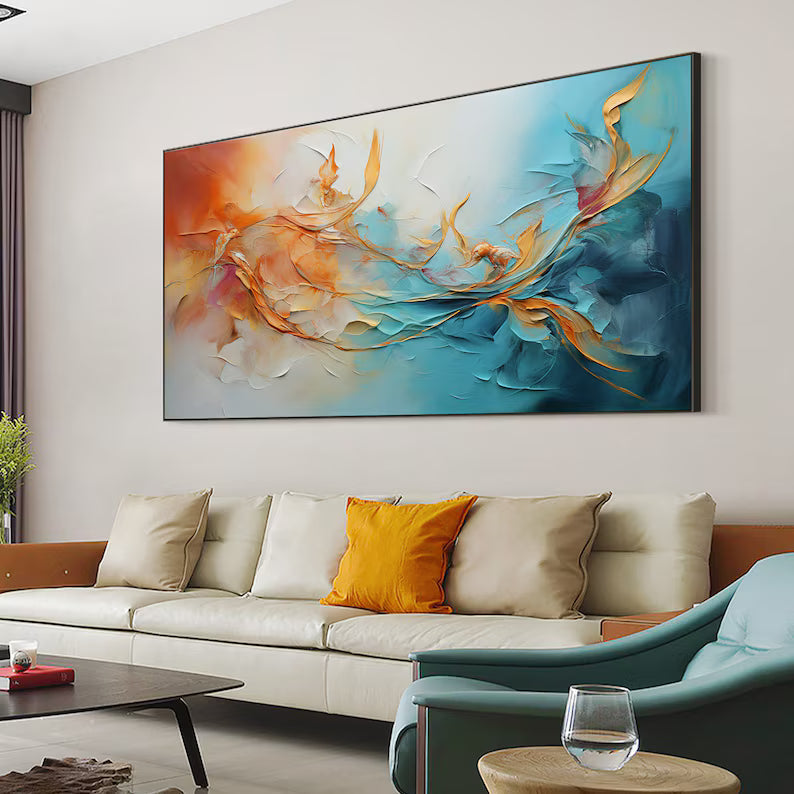 Dancing Currents – Textured Orange and Teal Abstract Wall Art#AB14049