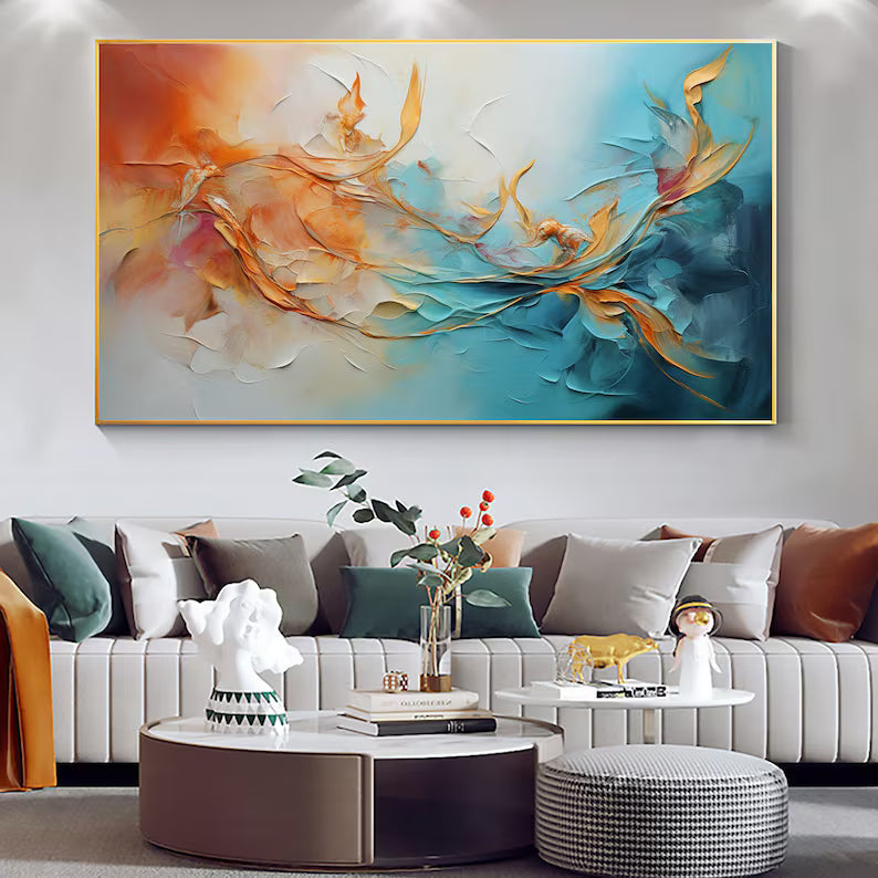 Dancing Currents – Textured Orange and Teal Abstract Wall Art#AB14049