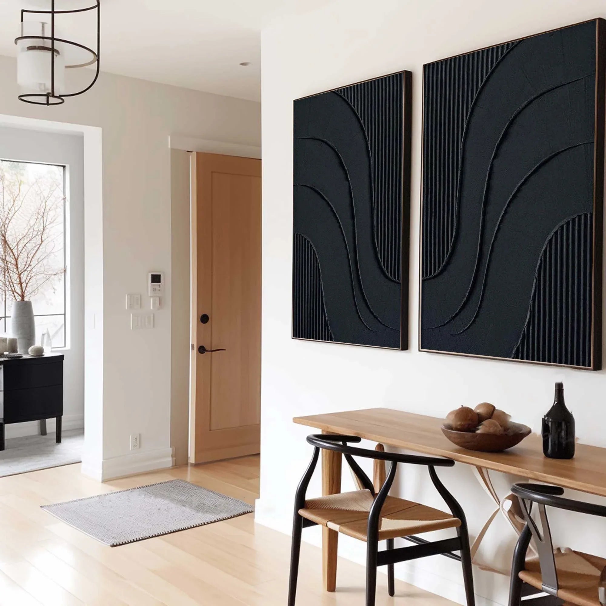 Midnight Flow- Abstract Black Textured Canvas Duo Set of 2