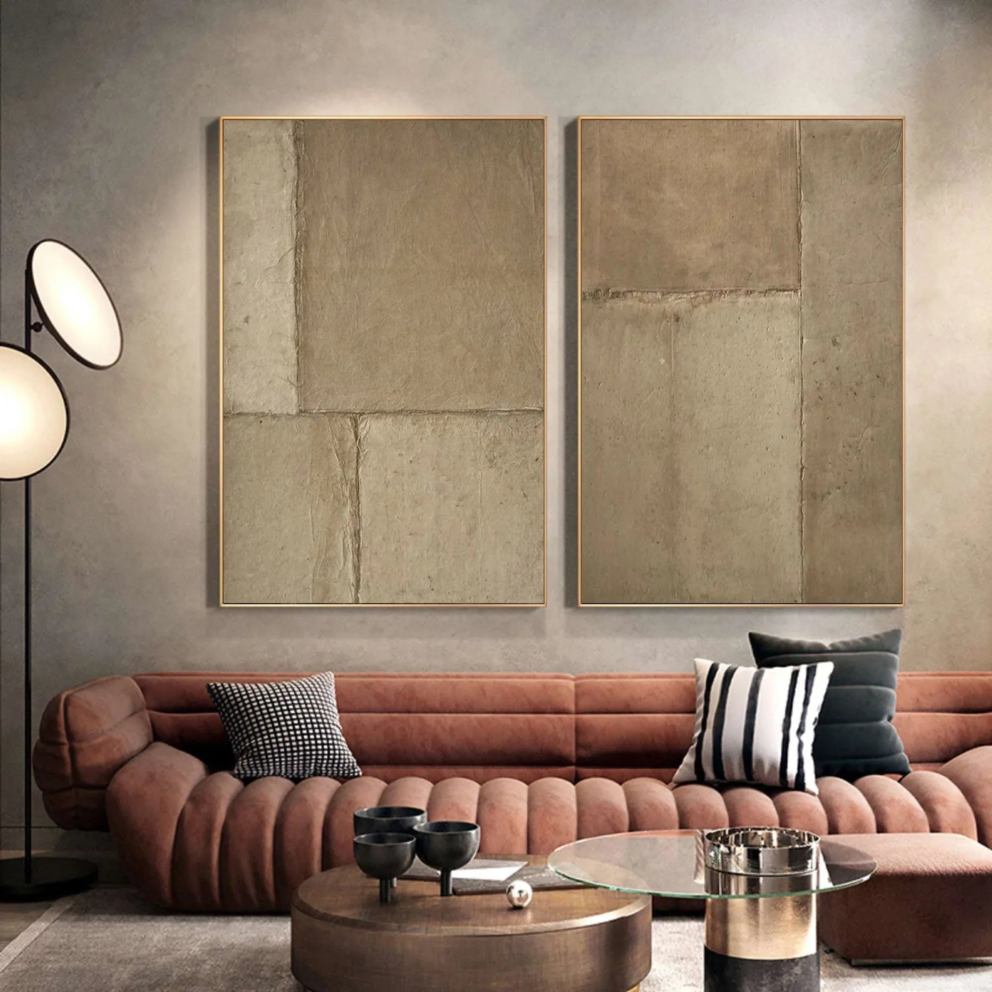 Rustic Harmony-Modern Hand Painted Geometric Light Brown Diptych Abstract Wall Art