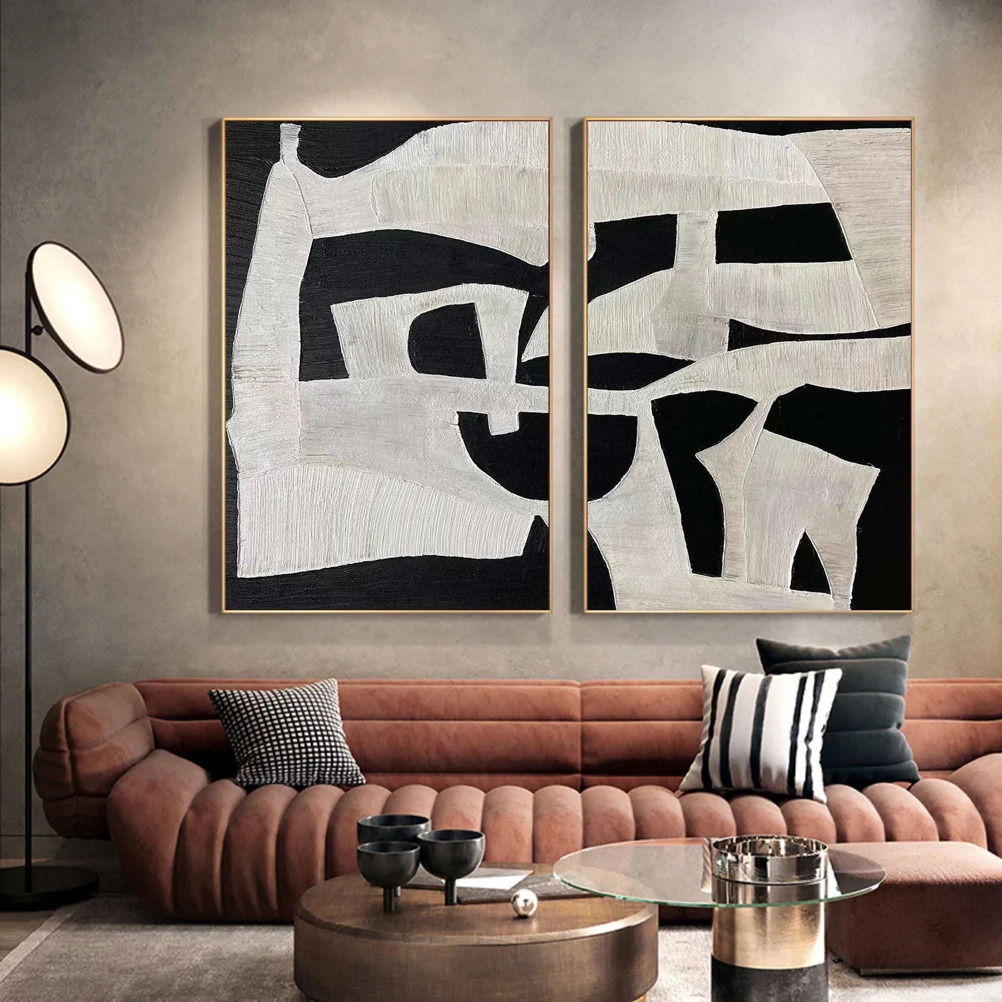 Modern Black and White Abstract Textured Canvas Art - Set of 2