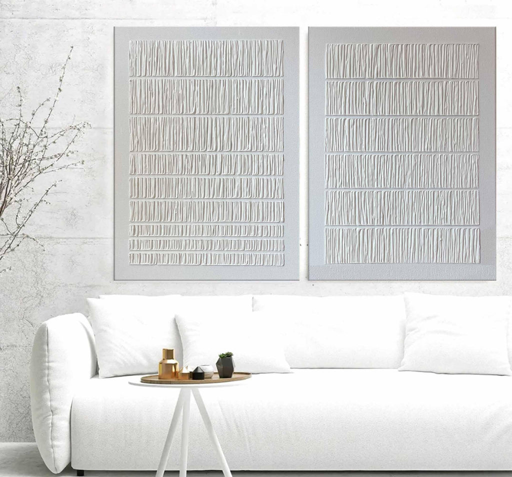 Linear Harmony Diptych Art Set Of 2-Pure White Minimalist Striped Abstract Wall Art