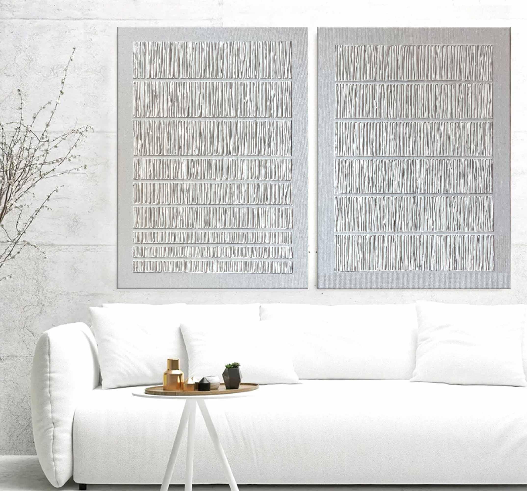 Linear Harmony Diptych Art Set Of 2-Pure White Minimalist Striped Abstract Wall Art
