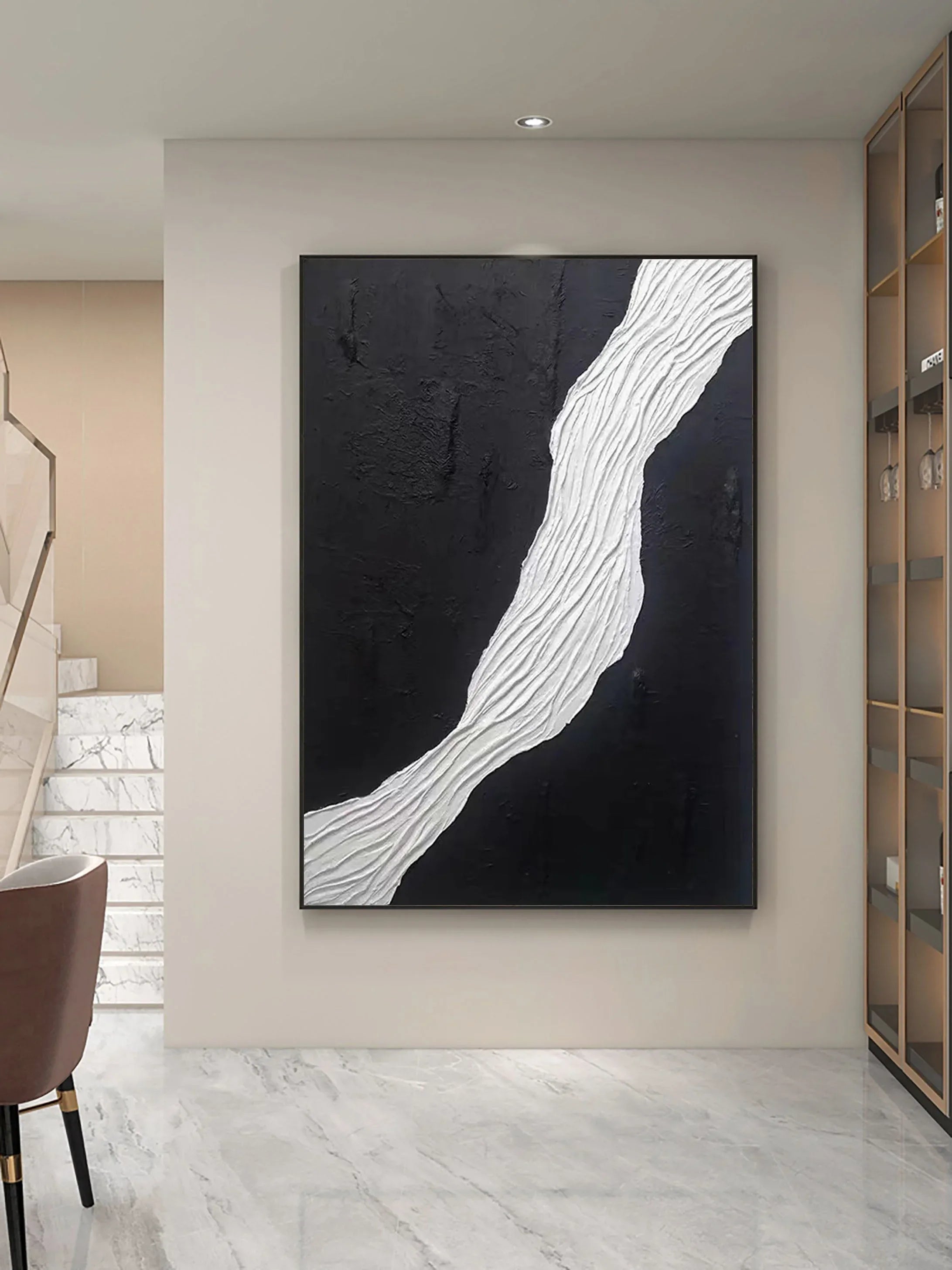 Divided Harmony-Black and White Flowing Abstract Hand-Painted Oil Painting Wall Art