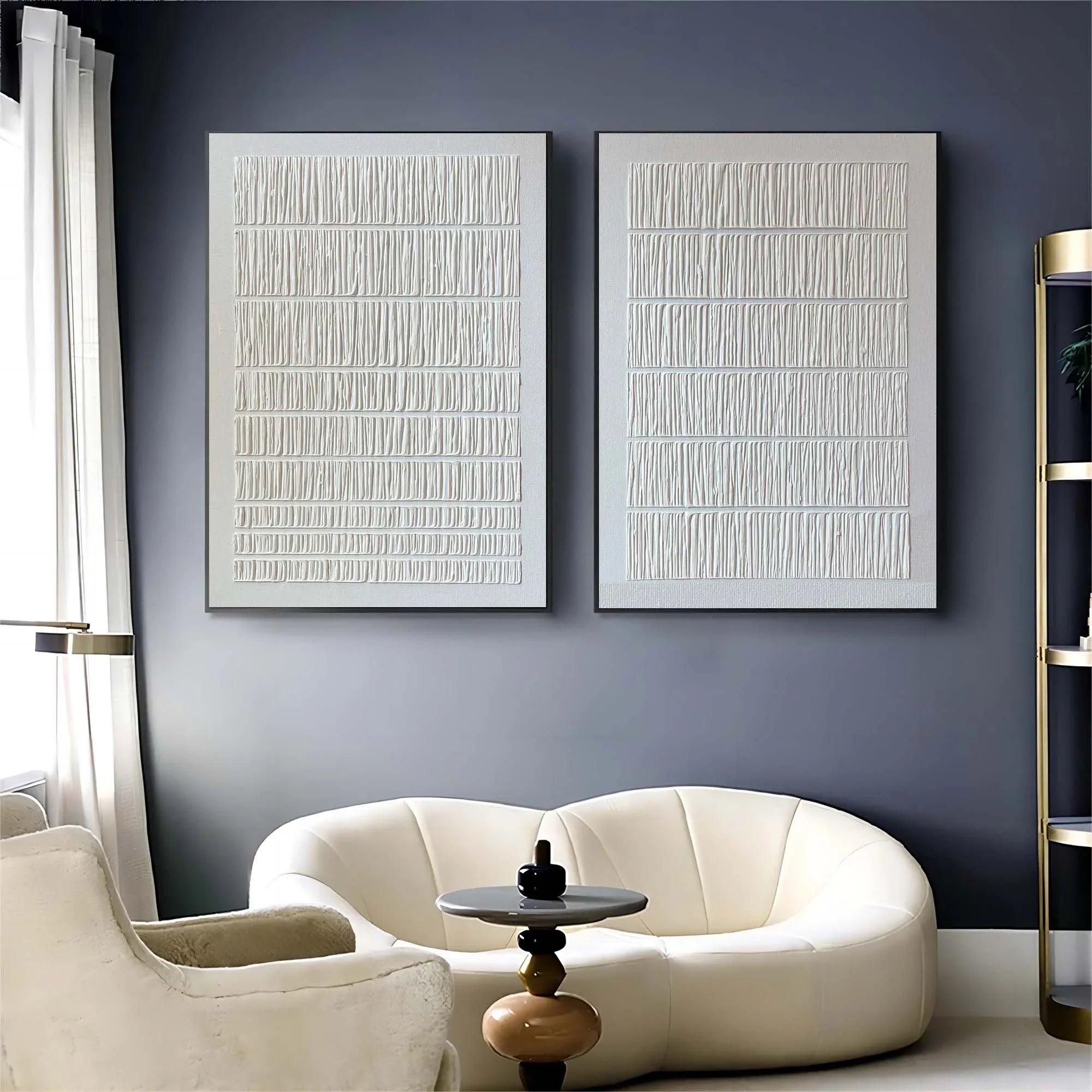 Linear Harmony Diptych Art Set Of 2-Pure White Minimalist Striped Abstract Wall Art