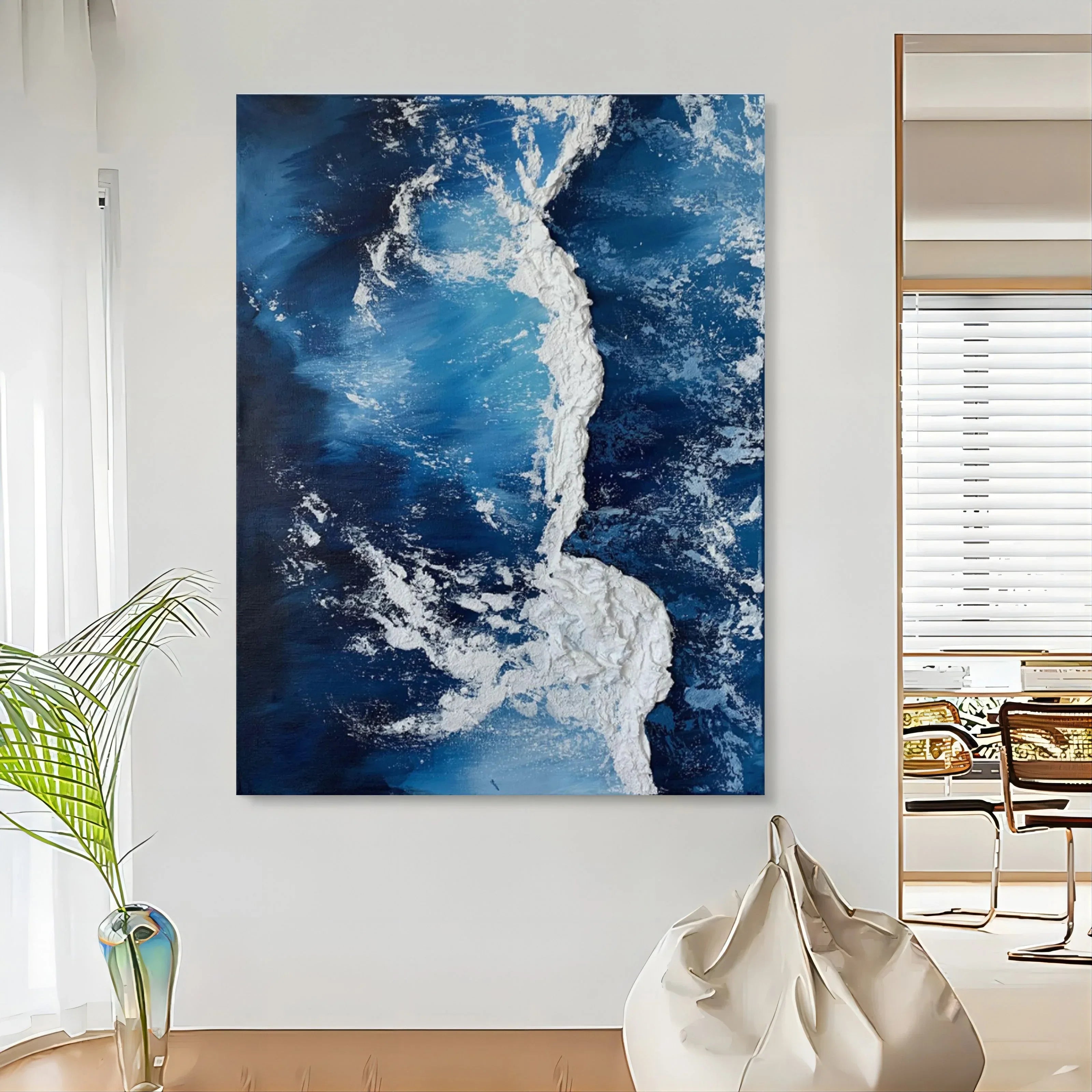 Azure Cascade Symphony-Deep Blue Stereoscopic Wave Abstract Wall Art