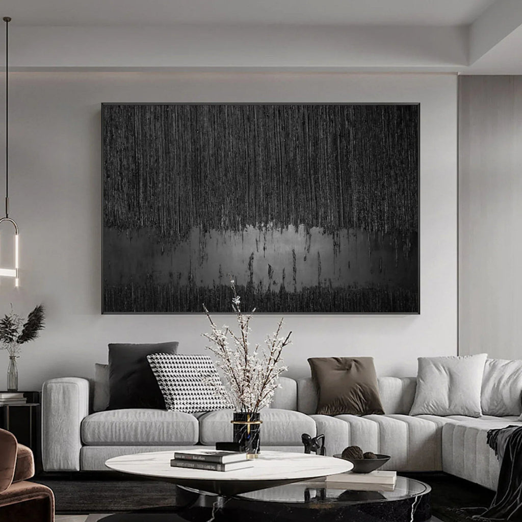 Obsidian Silence-Hand Drawn Black Gray Dangling Texture Abstract Oil Painting Wall Art