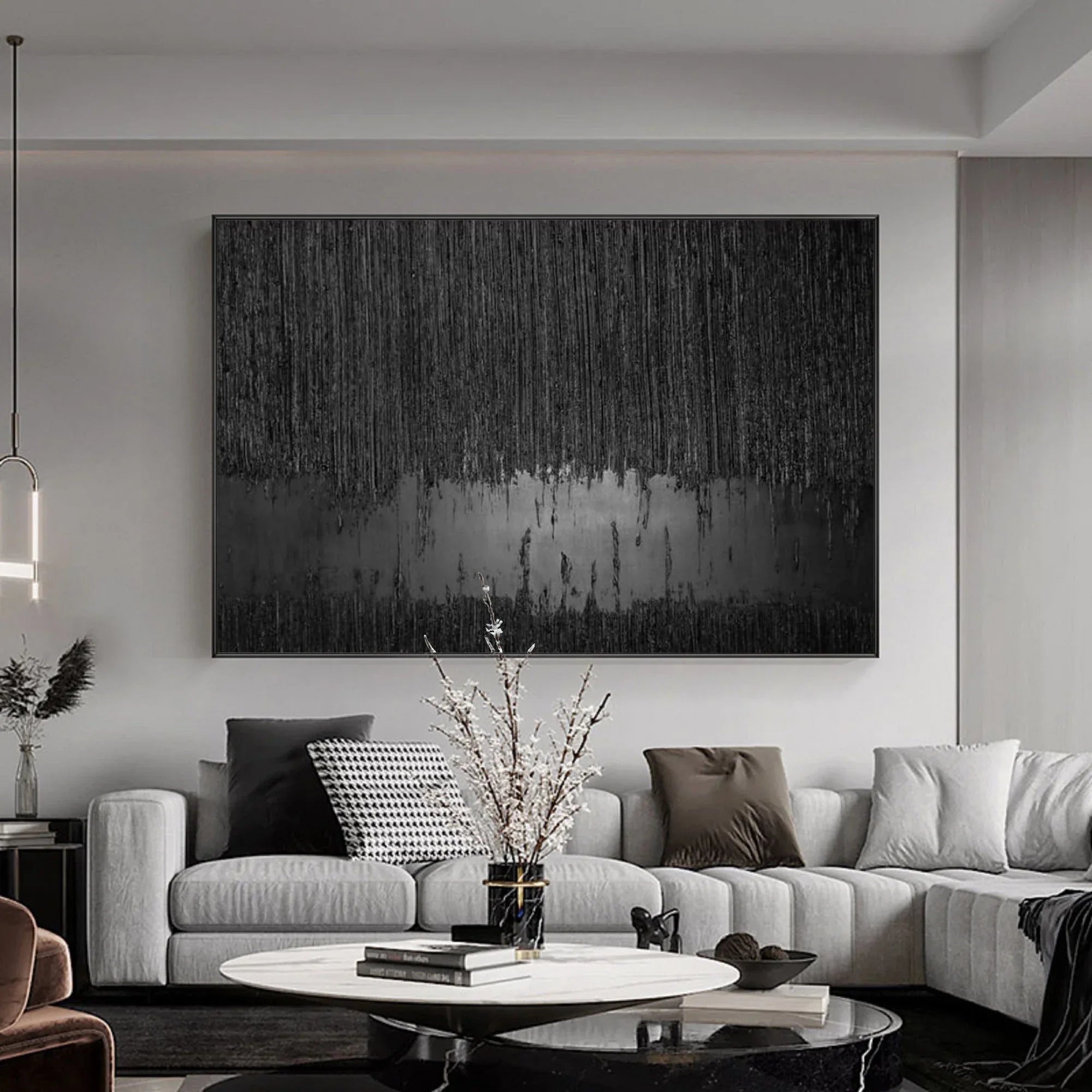 Obsidian Silence-Hand Drawn Black Gray Dangling Texture Abstract Oil Painting Wall Art