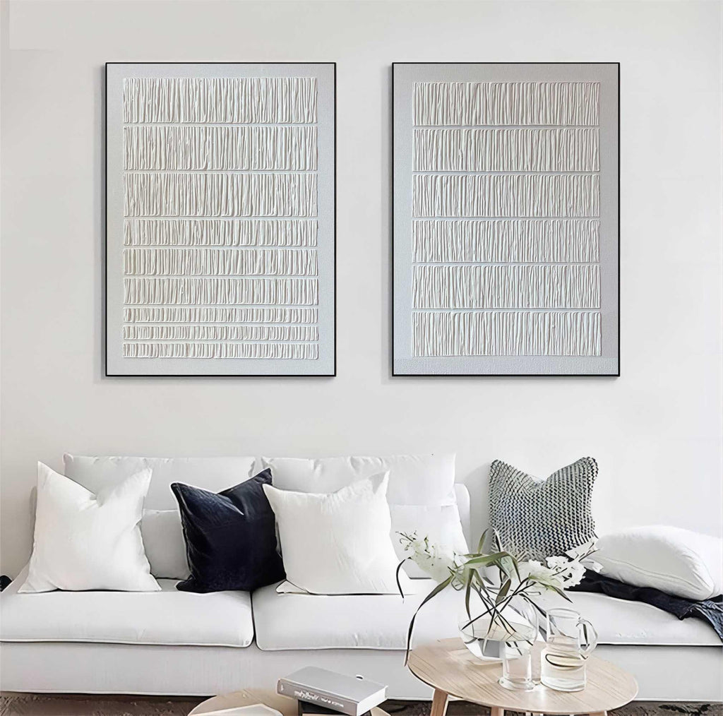 Linear Harmony Diptych Art Set Of 2-Pure White Minimalist Striped Abstract Wall Art