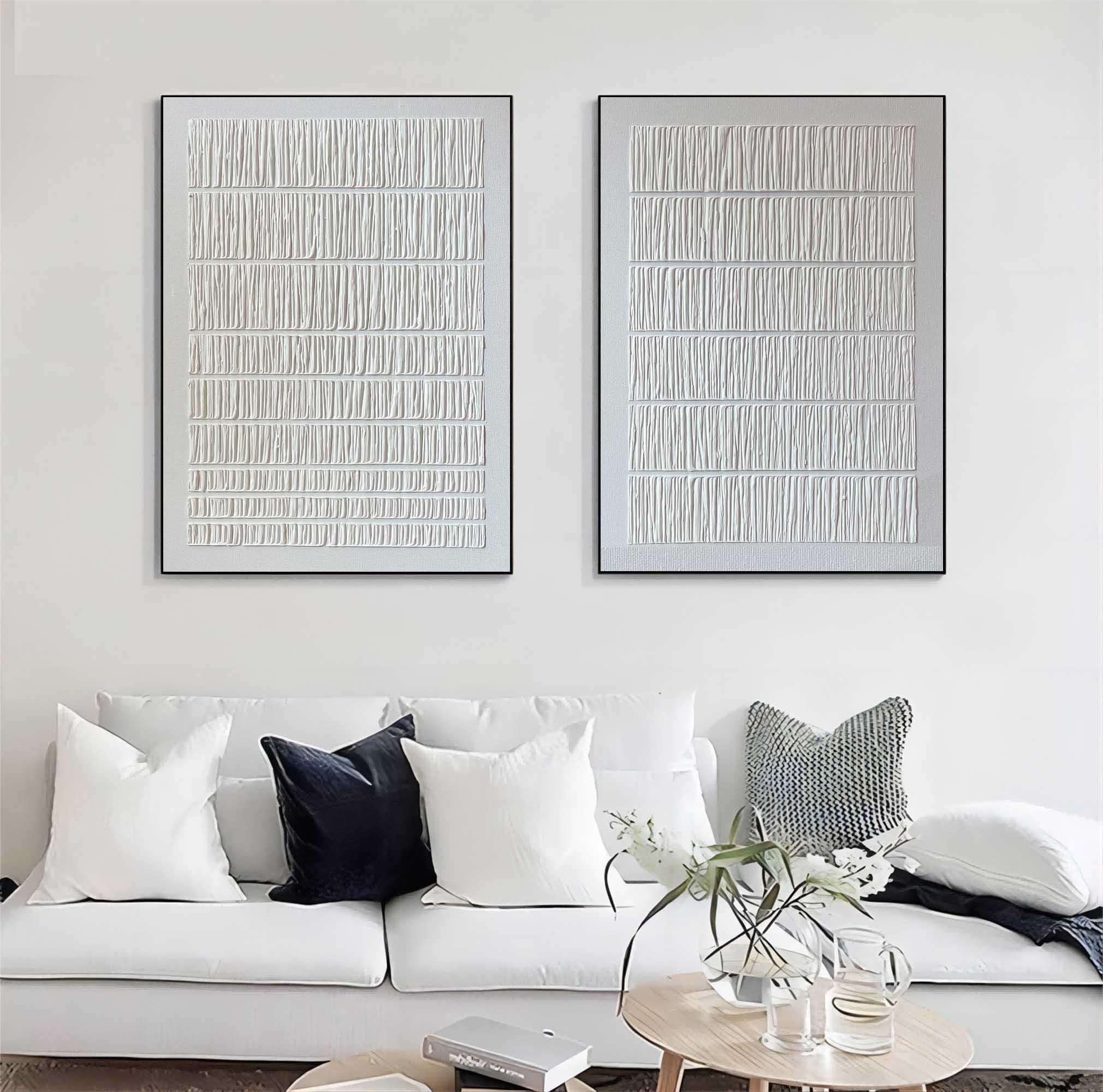 Linear Harmony Diptych Art Set Of 2-Pure White Minimalist Striped Abstract Wall Art
