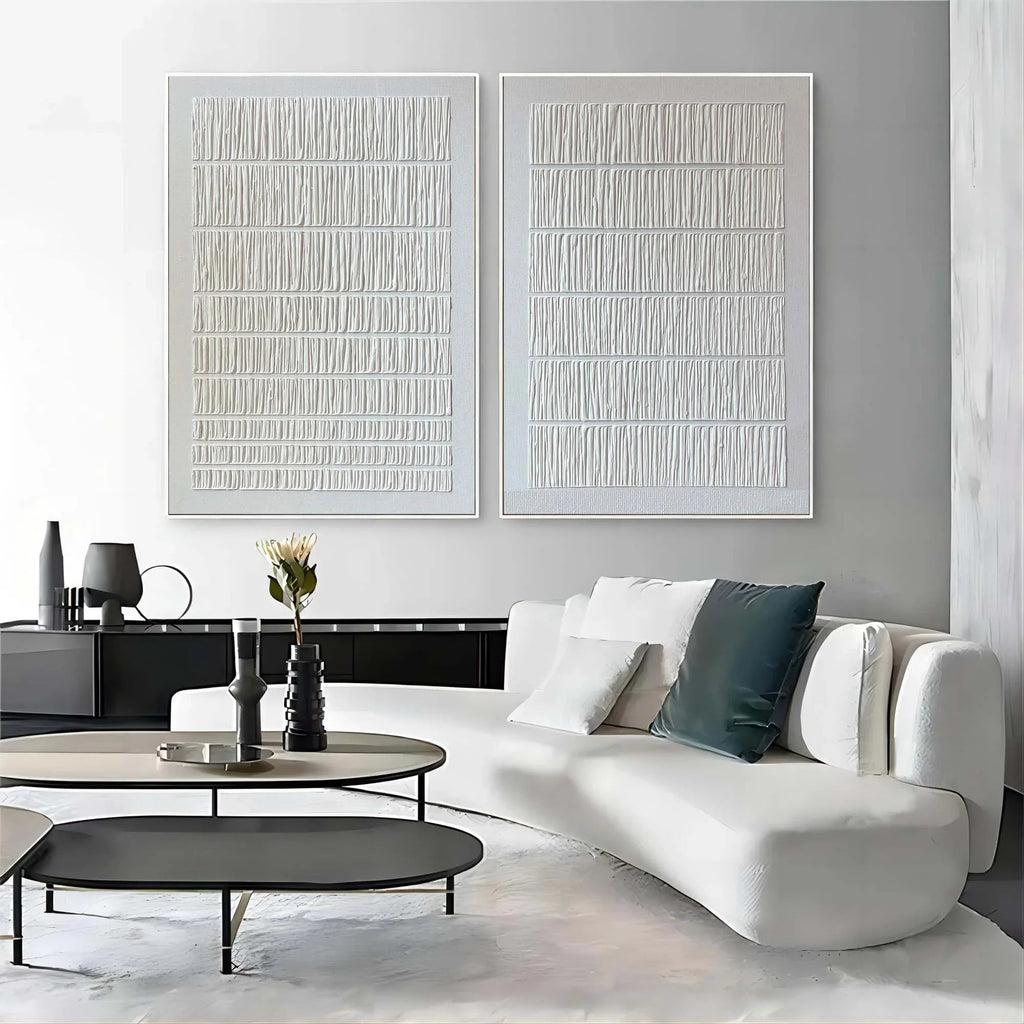 Linear Harmony Diptych Art Set Of 2-Pure White Minimalist Striped Abstract Wall Art